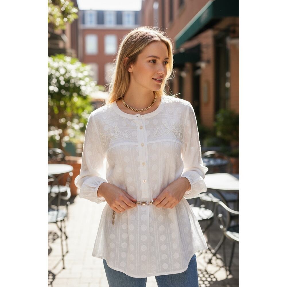 LOFT‎ Plus White Embroidered Swiss Dot Long Sleeve Tunic Top Sz 16 100% Cotton